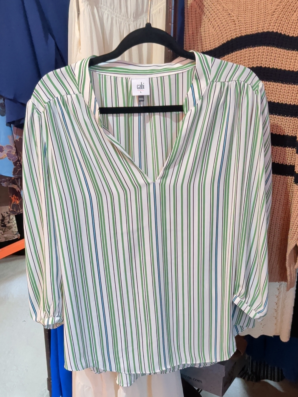CAbi White Blouse with Green & Blue Stripes